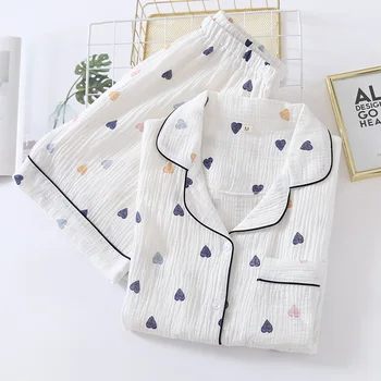 Нова дамска пижама комплект сърце отпечатани креп памук двуслойни марля завой-надолу яка дами къс ръкав панталон домакинско облекло