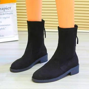 Обувки за жени 2023 Моден цип Дамски ботуши Зимен кръг Toe Solid Flock Casual Short Barrel Римски обувки с нисък ток Жени