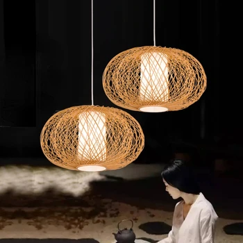 Китайски пасторален бамбук лампа полилей Югоизточна Азия ратан висящи светлина покритие творчески кухненска лампа чай тъкани Suspendu лампа