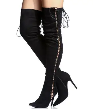 Зимни горещи продажба мода жена голи черни бордо велур гладиатор дантела нагоре цип страна заострени пръсти над коляното бедрото дълги ботуши