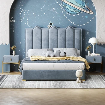 Модерен луксозен потребителски кадифе кожа тапициран единично двойно легло за момче италиански момчета деца детски легла стая дизайнер