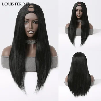 LOUIS FERRE Дълги прави черни перуки за жени U част синтетична коса топлоустойчиви топери Разширения за коса Ежедневни косплей перуки