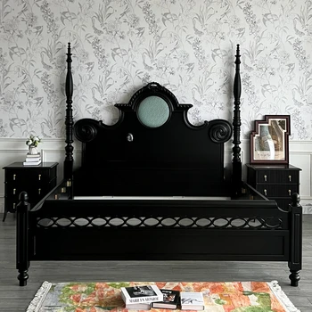 Неокласическо черно двойно луксозно легло за принцеси / сватбено легло с масивни дървени стълбове