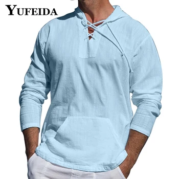 YUFEIDA мъже дълъг ръкав бельо тениска с качулка памук бельо блуза ризи хлабав мъже плътен цвят реколта Husbnd плаж стил риза