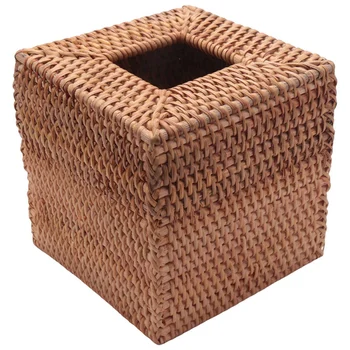 3X квадратна ратанова тъканна кутия, ръчно тъкан плетен държач за тъкани, 5.7 x 5.7 x 5.7 инча, цвят на дърво