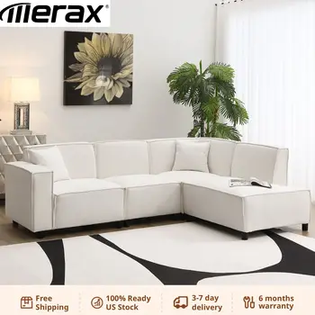 Модерен минималистичен стил секционен диван, L-образен диван с 2 безплатни възглавници, 5-местен диван от шенилна тъкан с шезлонг