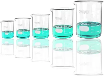ONiLAB Комплект стъклени измервателни чаши 50ml 100ml 250ml 500ml 1000ml (опаковка от 5) 3.3 Boro Griffin ниска форма
