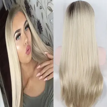 Bombshell Dark Roots Ombre Platinum White Synthetic Lace Front Wigs Straight Heat Resistant Fiber Pre Plucked Hairline For Women