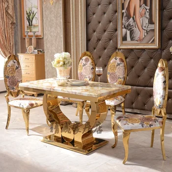Европейска мраморна маса за хранене от неръждаема стомана правоъгълна, креативна луксозна домакинска метална маса и столове