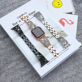Луксозна диамантена гривна за Apple Watch Series 7/6/5/4/3/2/se Лента за часовници от неръждаема стомана за Iwatch 41mm 45mm 38 42mm каишка