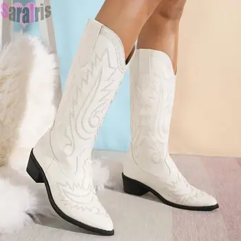 Чисто нов 2023 Western Cowboy Mid Calf Boots Autumn Chunky Hees Slip On Cowgirl Long Boots Ladies Embroider Retro Shoes Woman