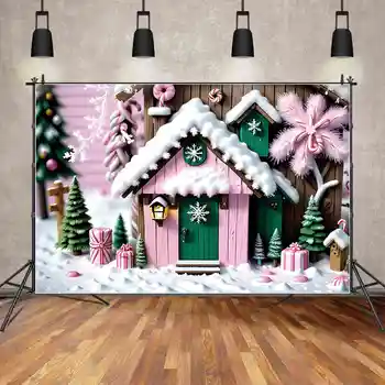 ЛУНА. QG фон Коледа бебе фотография фон розово дърво кабина хижа Начало парти подаръци снежинка детски декорации подпори