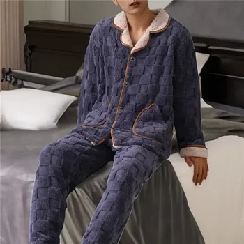 Яка Есенни панталони Спално облекло Мъжки костюм Зимна пижама Комплект за обръщане от две части Топъл дълъг ръкав Jodimitty Flannel Loose