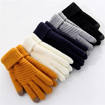 Дамски ръкавици мода зимата сензорен екран топло участък сгъсти плета ръкавици имитация вълна пълен пръст Guantes женски ръкавици