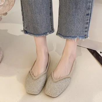 Нов квадратен пръст плитка уста кристал декорация елегантни мокасини мода мека подметка случайни удобни плоски дамски обувки