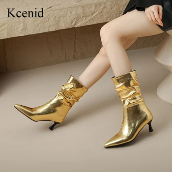 Kcenid Плюс размер средата теле ботуши есен зима жени високи токчета заострени пръсти обувки жена мода плисирани злато сребро глезена ботуши