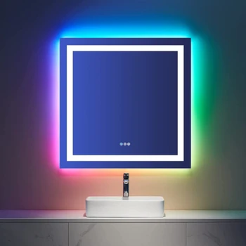 LED огледало за баня със светлини против мъгла димиране RGB подсветка предно осветени баня суета огледала стена