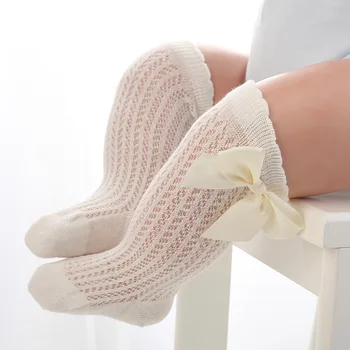 Летни памучни бебешки чорапи Малко дете бебе момиче лъкове окото дишаща чорап новородено коляното високо дълго меки деца принцеса чорапи за 0-3Y