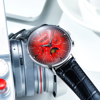 Reef Tiger Нов дизайн Червен циферблат Автоматичен часовник за мъже Пълен календар Moonphase кожа водоустойчив механичен часовник RGA8218