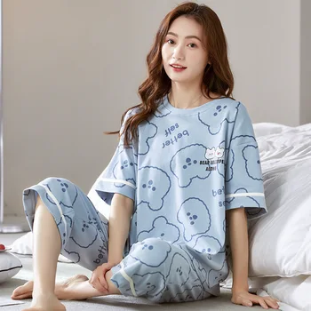 Пижами дамски летни памучни къси ръкави изрязани панталони корейска версия сладък хлабав студент костюм тънка секция младежки дом услуга