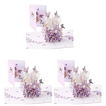 3X лилава пеперуда рожден ден изскачаща картичка, пеперуда цвете кошница 3D поздравителни картички за жени момиче дъщеря, ден на майката