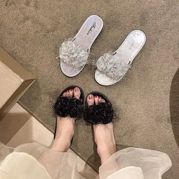 Вътрешни сандали Отворени пръсти Черни летни обувки за жени 2023 Дамски чехли Пързалки с нисък ток Нормално за промоция Обувки Лесни облекла