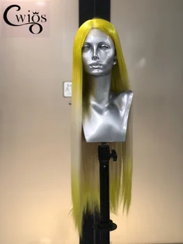 CWIGS Ombre жълта синтетична перука дълга права 13x4 дантела предна перука прозрачна без лепило 180 плътност косплей за жени ежедневна употреба