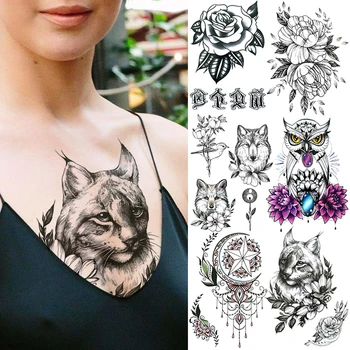 3D котка временни татуировки за жени възрастни реалистични роза божур цвете вълк бухал фалшиви бижута татуировка стикер мода миещи се Tatoo