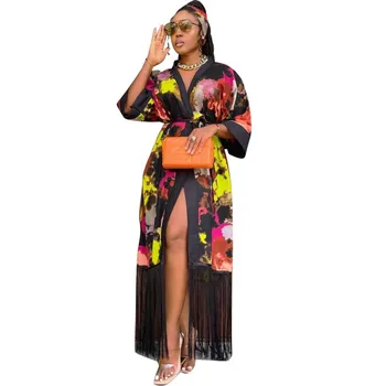 Роба африкански Femme тънък вечер дълга рокля секси отпечатани пискюл Макси жилетка африкански рокли за жени 2024 Ново високо качество