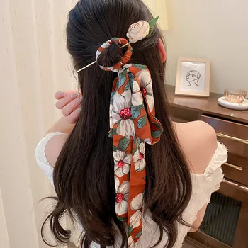 Ханфу цвете коса стик за жени куха щипка за коса китайски печатни цвят шал прическа фиба момиче конска опашка аксесоари за коса