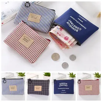 Canvas Stripe монета чанта жени пари карта притежателя проста мода портфейл цип тип ключ съхранение за деца момиче подарък