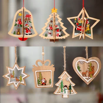 Коледна украса, дървени коледни лазерни издълбани коледни елхи малки висулки, дървени пентаграмни камбани висулки, подаръци