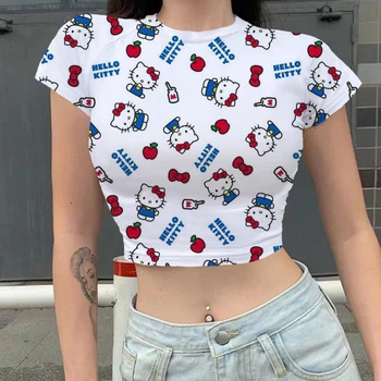 Дамска тениска Slim Fit Y2k парти тениски Hello Kitty мода жена блузи 2023 Hello Kitty карикатура печат дрехи секси 3XL