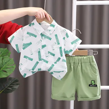 2023 Летни бебешки дрехи за момче от 1 до 5 Yeras Fashion Turn-down Collar Ризи и шорти с къс ръкав Детски момчета Комплект от две части