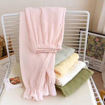 Casual чист цвят 100% двойна марля набръчкани памучни дъна за сън жени Пролетни домашни панталони пижами панталони панталони сън