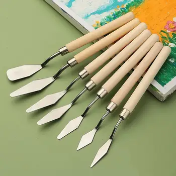 7Pcs / Set Шпатула за маслена боя с дървена дръжка от неръждаема стомана Живопис с маслени бои Арт палитра Цвят Смесване на скрепер Арт инструменти