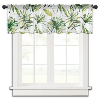 акварелни зелени тропически растения палмови листа къси отвесни прозорци завеса тюл завеси кухня спалня декор малки завеси voile