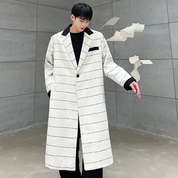 СЮХГФА Корейски реколта раирана ревера дълго вълнено яке мъжко облекло хлабав палто 2024 зимата сгъстяване върховете мода Windbreak