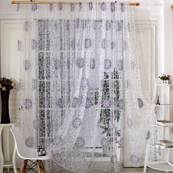 Printed Sheer Voile Organza Window Curtains Rod Pocket Colorful Floral Gauze European Tulle Panel Drapery for Sliding Glass Door