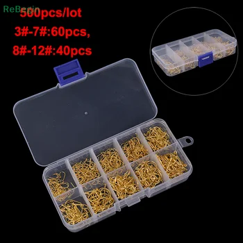 500Pcs / комплект # 3 ~ # 12 Риболовни куки въглеродна стомана Златни рибарски куки с инструменти за риболов на дребно