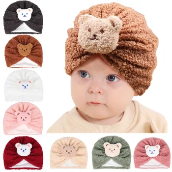 Бебе зима топъл пуловер шапка мечка плюшено руно шапка плътен цвят бебе аксесоари новородено шапка бебе тюрбан