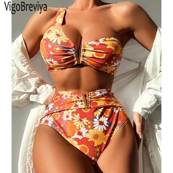 VigoBreviya 2023 Печат на едно рамо бански костюми жени натиснете нагоре V врата женски бикини секси висока талия бански без гръб