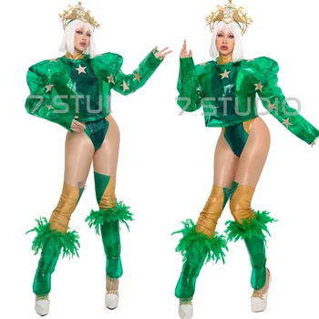 Бар Нощен клуб Ds Dj Коледа Пол Танцови костюми Жени Косплей зелено боди Секси Гого костюми фестивал дрехи XS7479