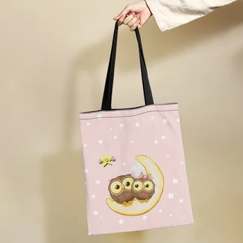 Yikeluo еко чанта за жени розов карикатура бухал пазарска чанта звезда печат момиче пътуване рамо чанта голям капацитет хранителни чанта