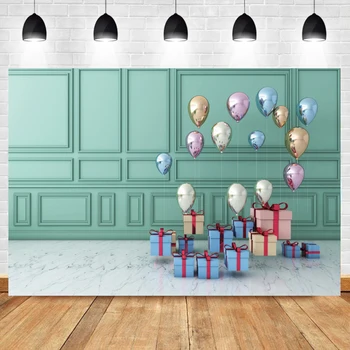 Laeacco цветни балони подаръци шик зелена стена бебе парти фотографски фон фотография фон фото студио фоторазговор