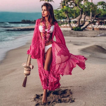 Дамска модна плажна корица рокля от шифон, бикини с розов червен ръкав с червени точки, слънцезащитна риза, празнична рокля, нова, 2023