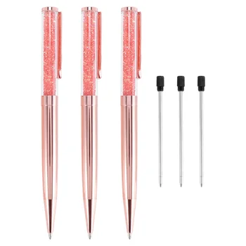 Rose Gold Pen Bling Crystal Ball Point Pen Black Ink Pen with 3 Extra Refills (Rose Gold 3 Pack)