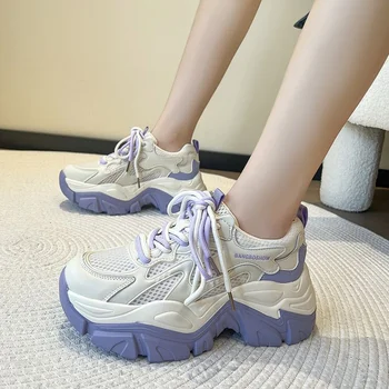 Обувки за жени 2023 Mesh Дамски обувки Vulcanize Летни дишащи дамски маратонки Дантела нагоре Дамски буци маратонки Zapatos Mujer