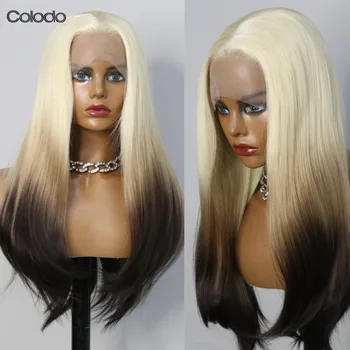 COLODO Блондинка кафява омбре дантела предна перука за жена 30 инчов топлоустойчив без лепило синтетична перука висококачествена копринена права