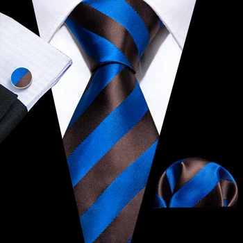 Royal Blue Stripe Луксозни мъжки вратовръзки Кафяв Официален Waven врата-вратовръзка копчета за ръкавели джобни квадратни комплекти Парти бизнес Barry.Wang FA-6405